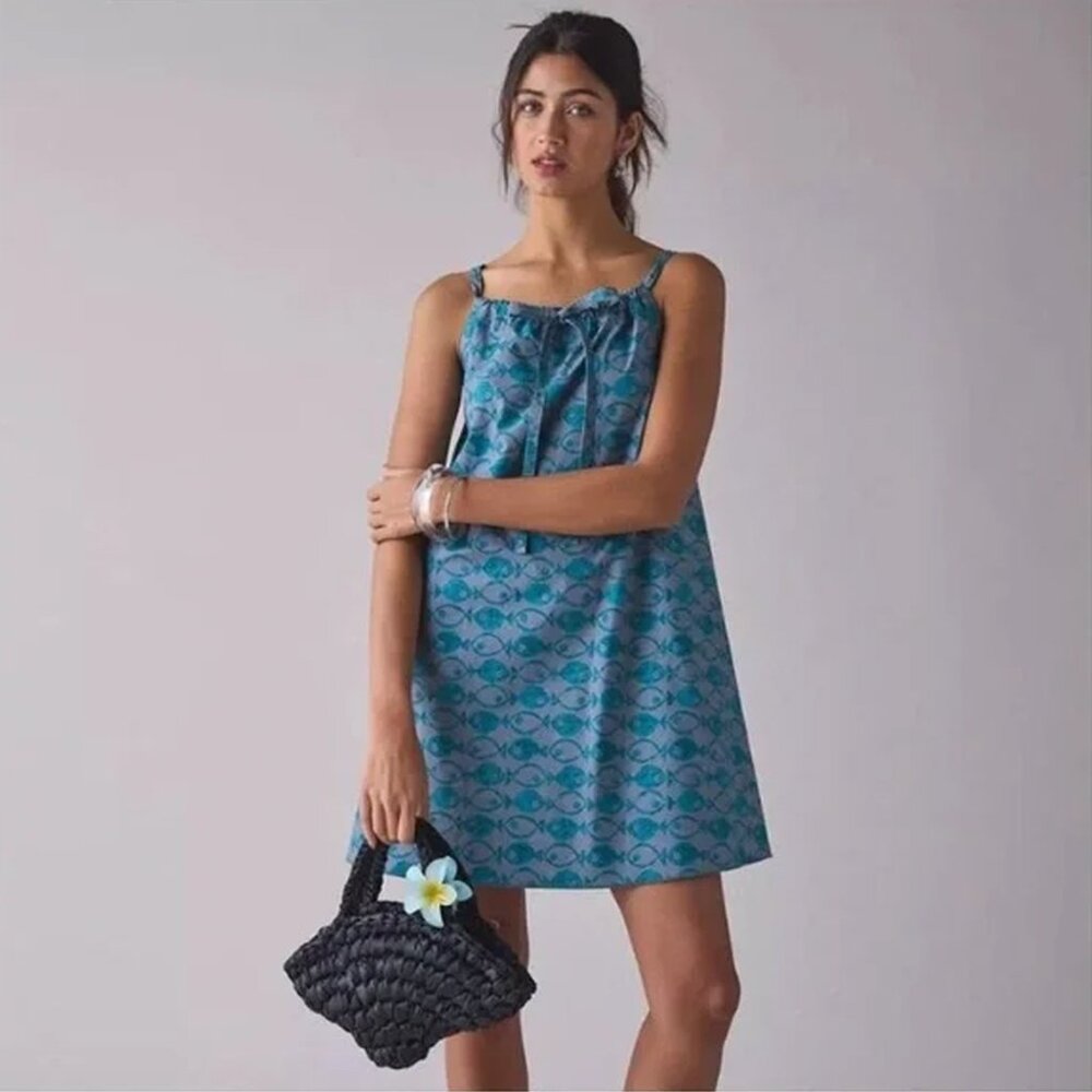 Urban Outfitters BDG Eva Printed Mini Shift Dress Teal Fish Pattern medium